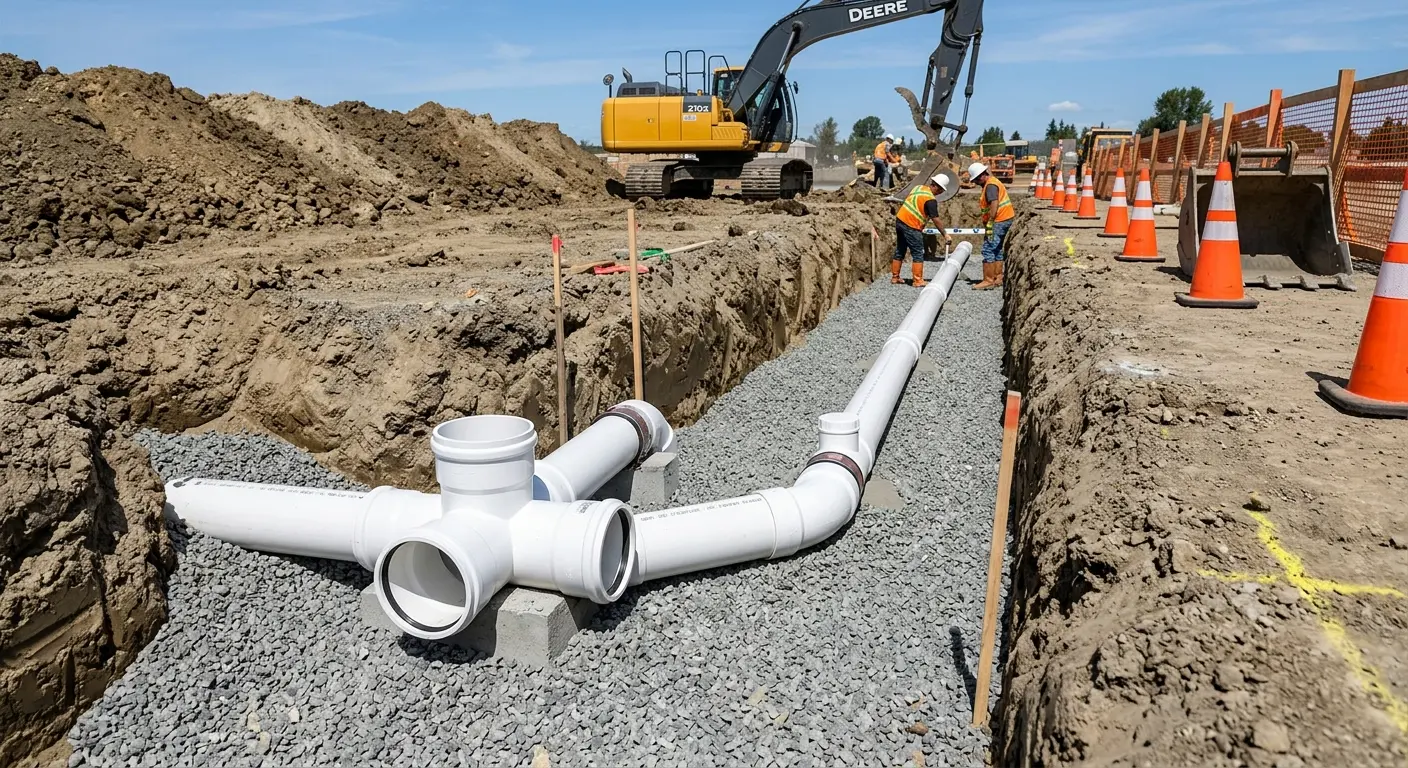 New PVC sewer pipe installation in open trench for Sewer Backup in Blackhawk