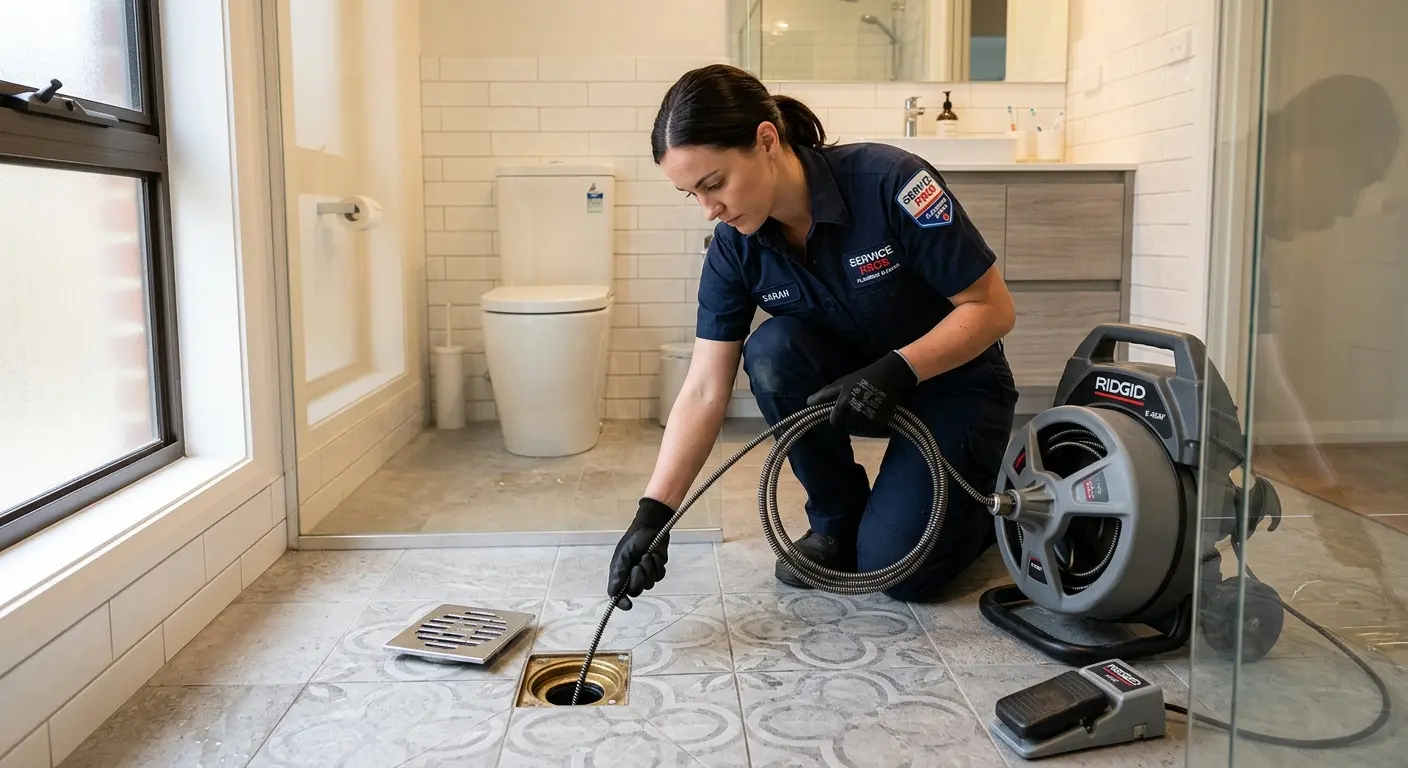 Technician clearing a bathroom floor drain for Drain Repair in Blackhawk